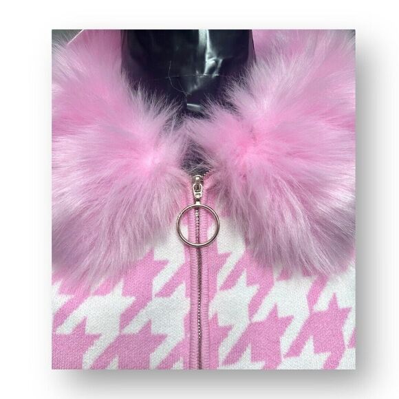 Show Me Your MuMu 3X Pink Houndstooth Faux Fur Zip Jacket Barbiecore Coquette - Picture 6 of 9